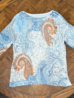 Chicos Sweater - Women's 1 - Side Buttons Multicolor Paisley Pullover 3/4 Sleeve